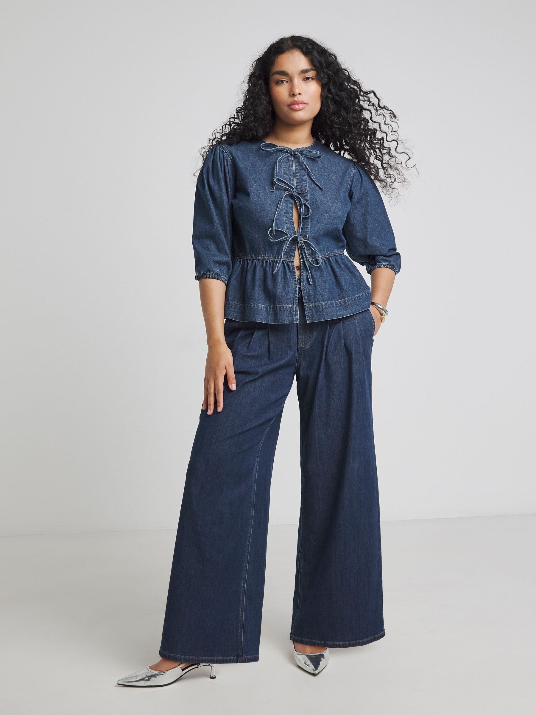 Buy Simply Be Blue Tie Front Denim Peplum Blouse from the Next UK