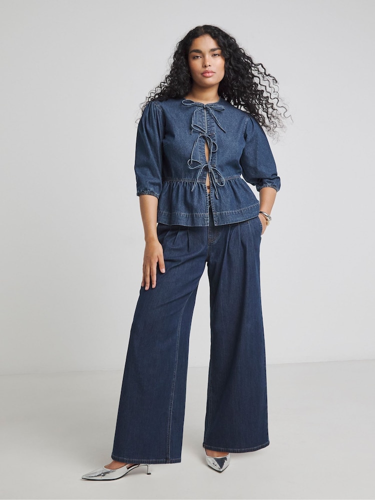 Simply Be Blue Tie Front Denim Peplum Blouse - Image 4 of 5
