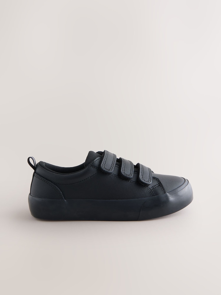 Black Wide Fit (G) Leather 3 Strap Touch Fastening School Shoes - Image 2 of 5