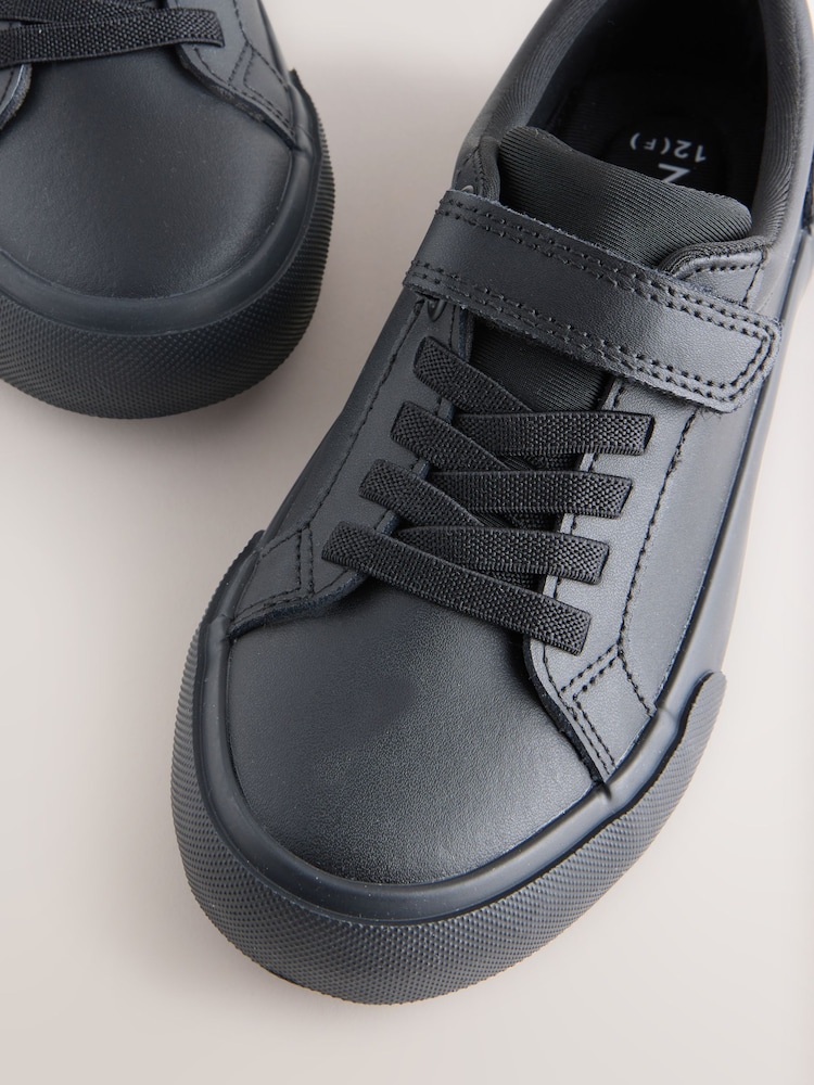 Black Wide Fit (G) Leather Touch Fastening Elastic Lace School Shoes - Image 5 of 5