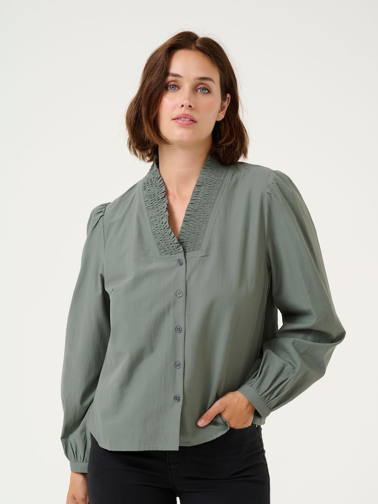 Kaffe KAmaia V-Neck Pleats Long Sleeve Shirt - Image 1 of 5