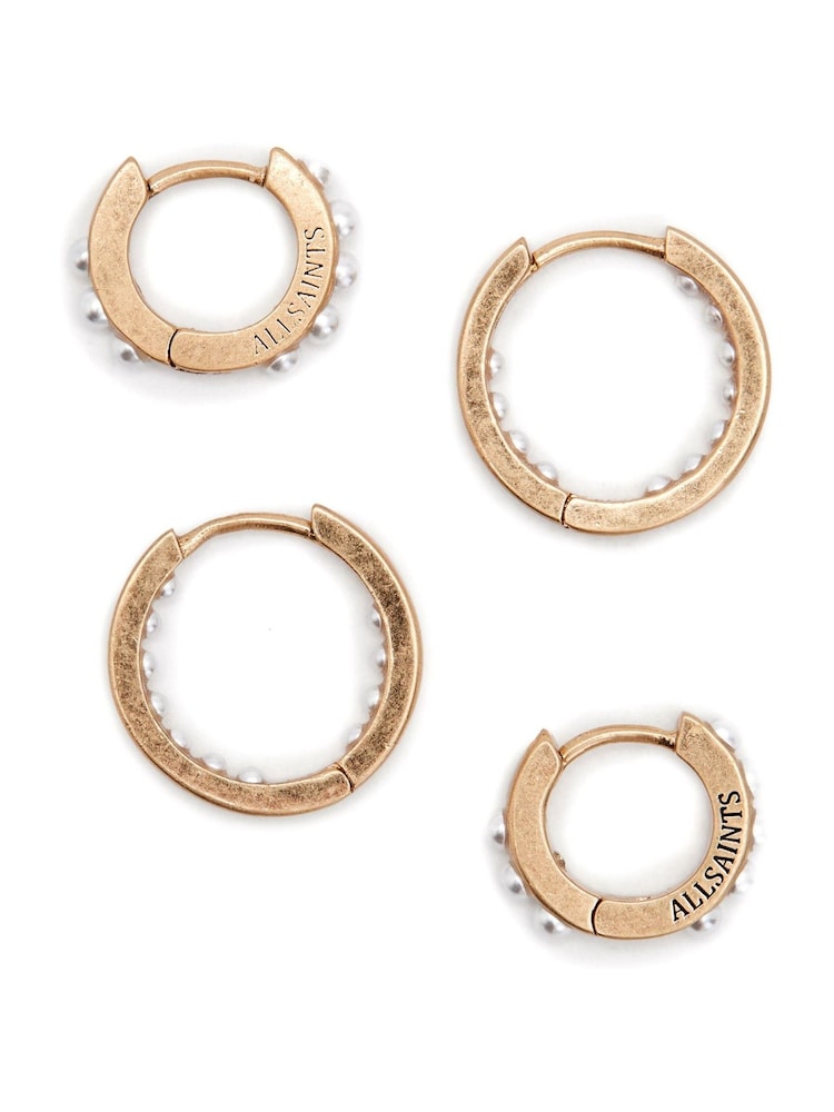 AllSaints Gold Pearl Huggie Set - Image 1 of 6