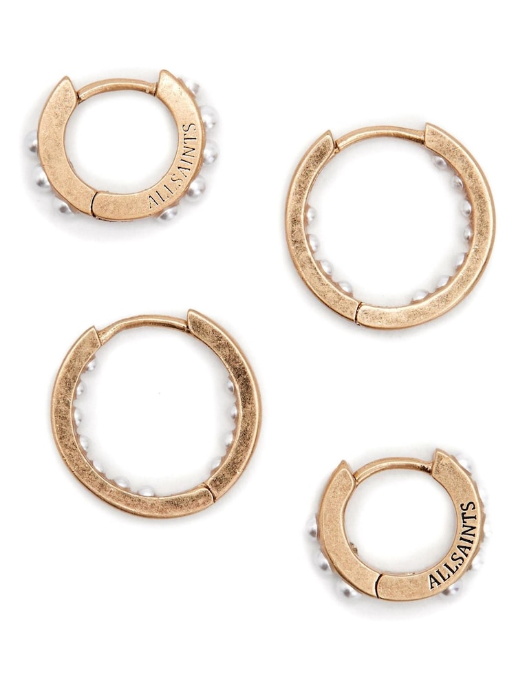 AllSaints Gold Pearl Huggie Set - Image 6 of 6