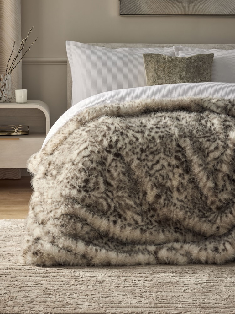 Grey Snow Leopard Print Faux Fur Throw - Image 1 of 5