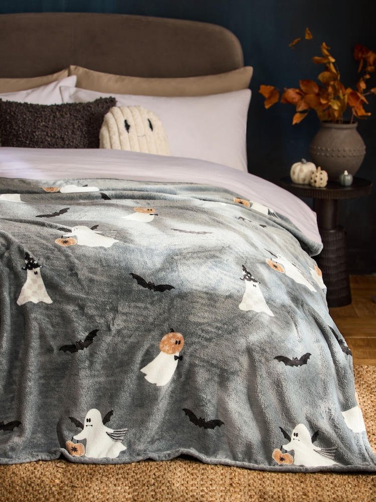 Grey Halloween Print Fleece Throw - Image 1 of 4 Grey Halloween Print Fleece Throw - Image 1 of 4