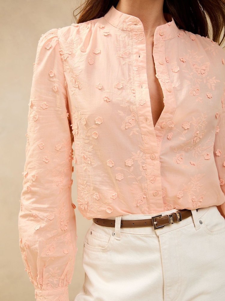 Lipsy Pale Pink Long Sleeve Grandad 3D Floral Blouse - Image 2 of 4