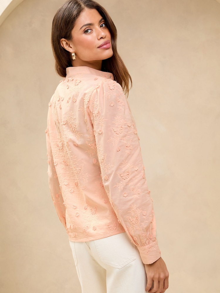 Lipsy Pale Pink Long Sleeve Grandad 3D Floral Blouse - Image 4 of 4