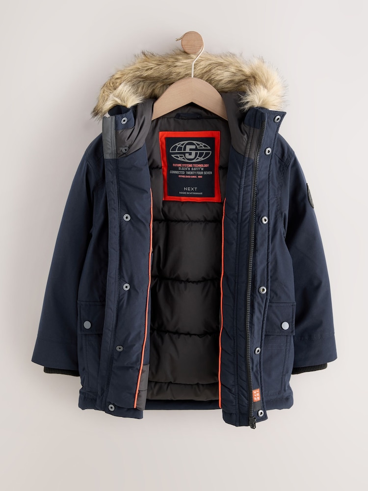 Navy Heavyweight Shower Resistant Faux Fur Trim Parka Coat (3-16yrs) - Image 2 of 7