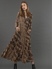 Religion Brown Sunset Maxi Shirt Dress With A Tiered Boho Style Skirt In Abstract Prints - Image 1 of 6