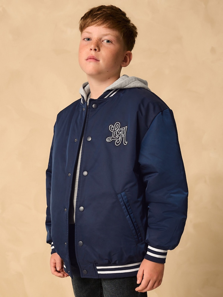 Navy Hooded Varsity Bomber Jacket (3-16yrs) - Image 1 of 11 Navy Hooded Varsity Bomber Jacket (3-16yrs) - Image 1 of 11