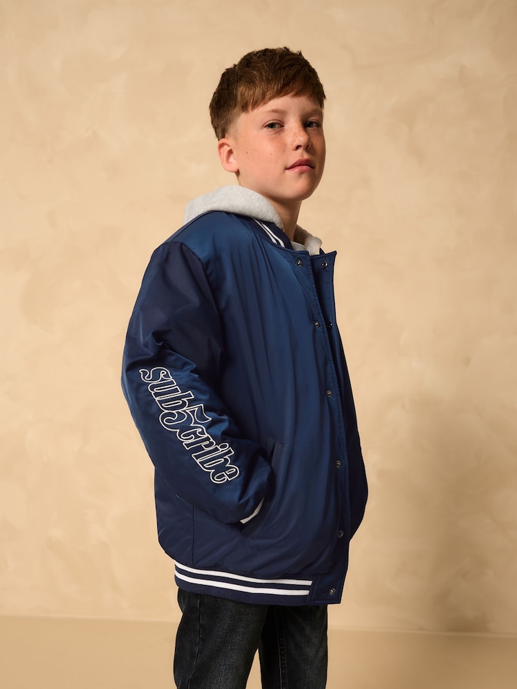 Navy Hooded Varsity Bomber Jacket (3-16yrs) - Image 2 of 11