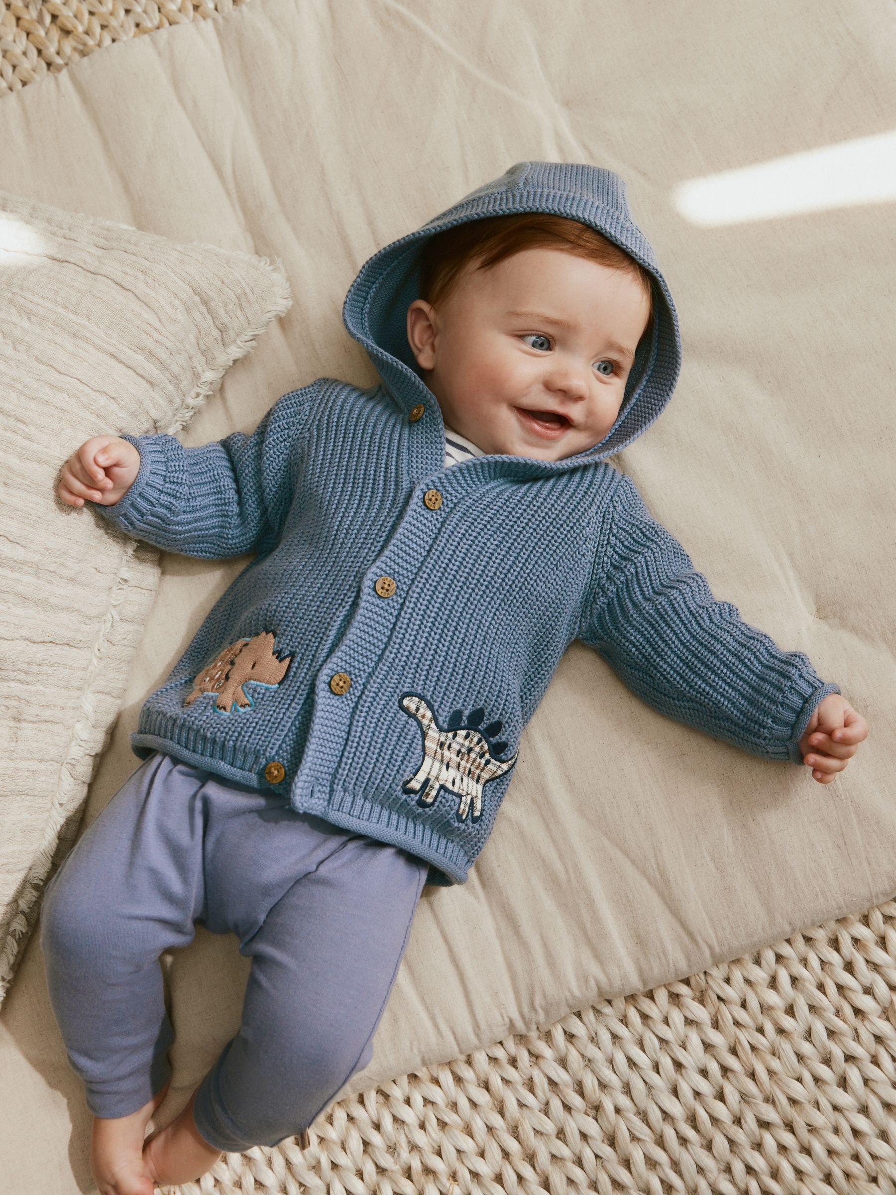Next：日本 ネイビー 恐竜プリント 刺繍入り - ベビー ニット フード