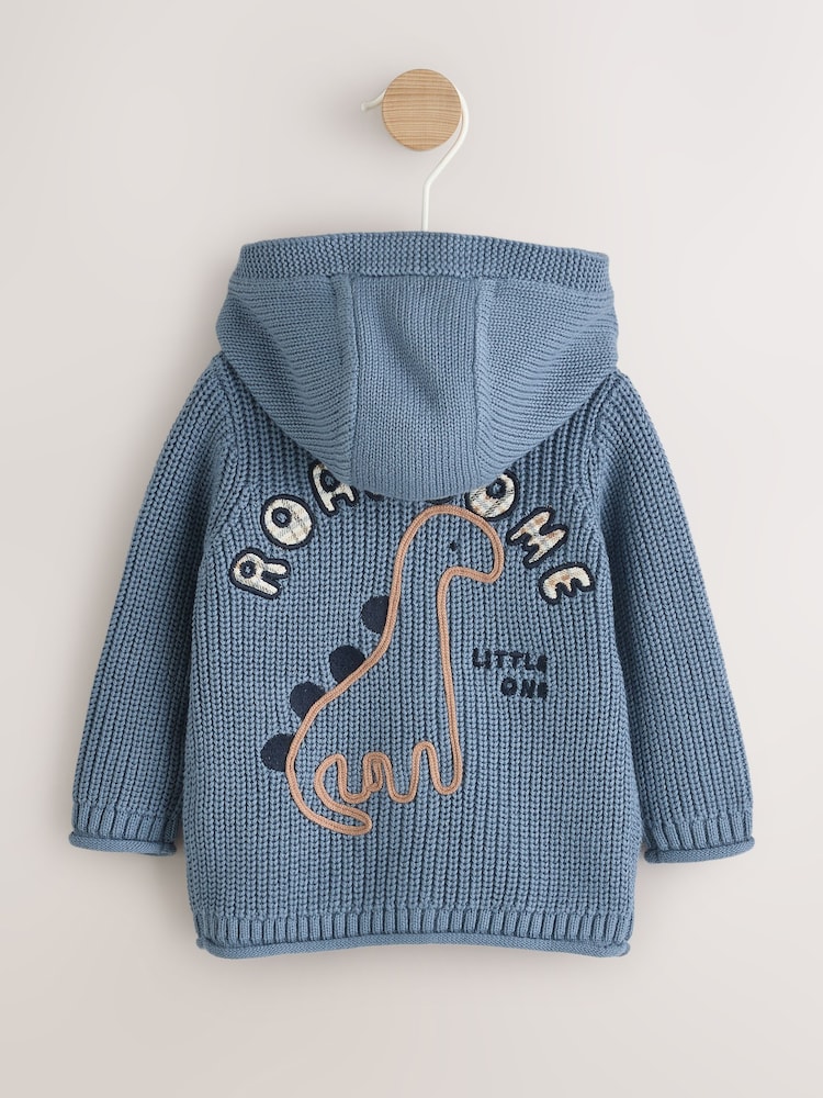 Navy Dinosaur Print Embroidered Baby Knitted Hooded Cardigan (0mths-2yrs) - Image 2 of 7