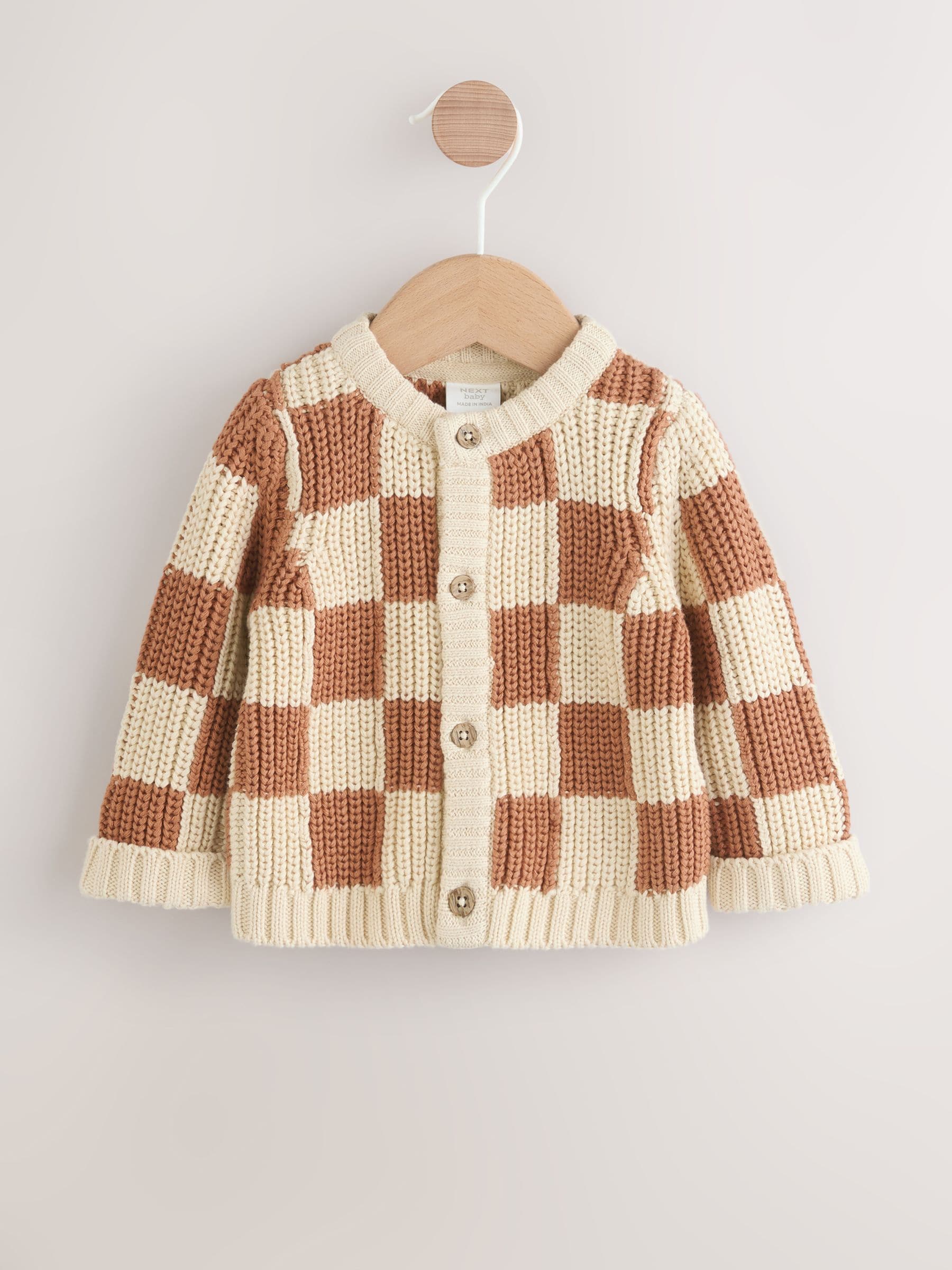 【新品】NKNIT pattern Small KNIT BROWN/BEIGE Buy Natural Checkerboard Baby Knitted Cardigan (0mths-2yrs) from