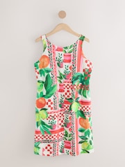 Red Floral Fruit Print Linen Scoop Back Mini Shift Dress - Image 1 of 4