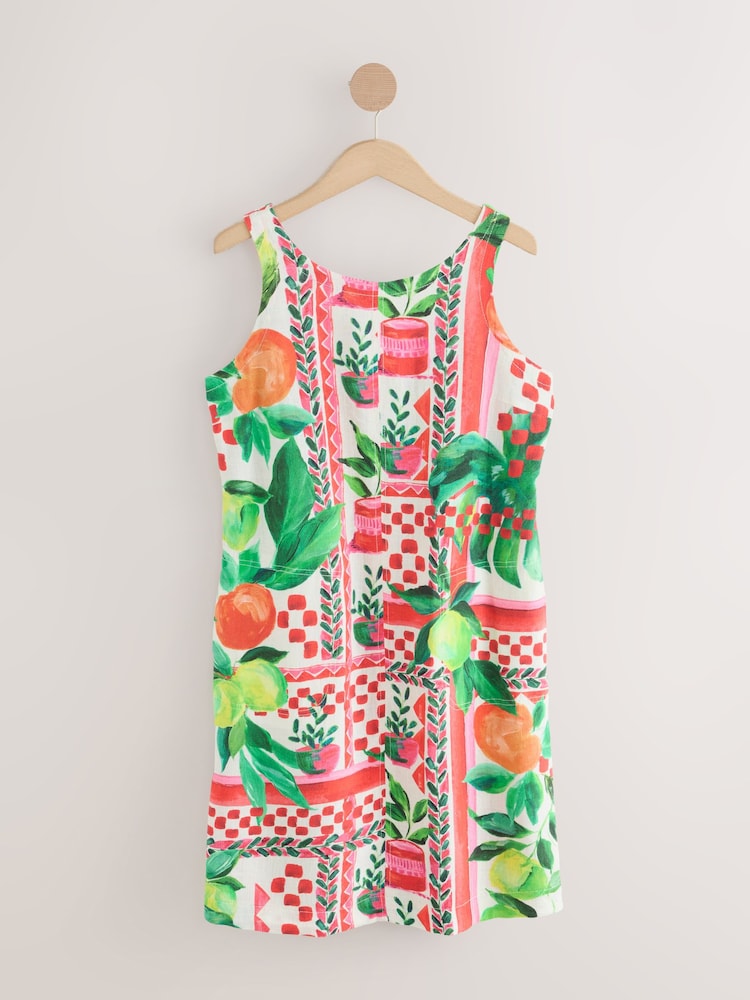 Red Floral Fruit Print Linen Scoop Back Mini Shift Dress - Image 1 of 4
