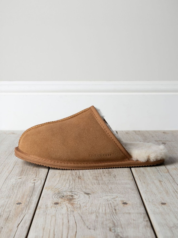 Chelsea Peers Natural Mens Suede Sheepskin Mule Slippers - Image 1 of 5