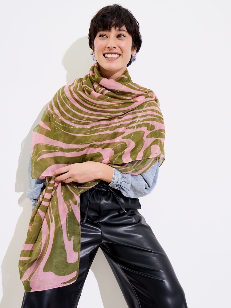 Oliver Bonas Pink & Green Swirl Foil Scarf - Image 5 of 5