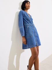 Oliver Bonas Blue Blue Denim Zip Up Mini 100% Cotton Dress - Image 1 of 8