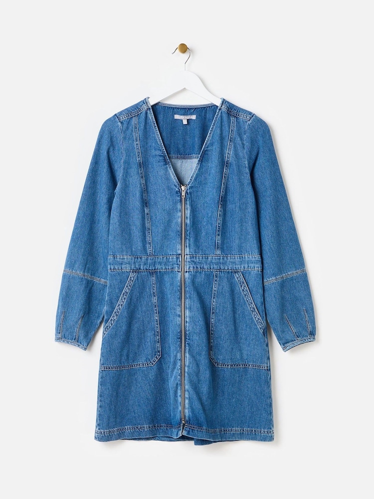 Oliver Bonas Blue Blue Denim Zip Up Mini 100% Cotton Dress - Image 3 of 8