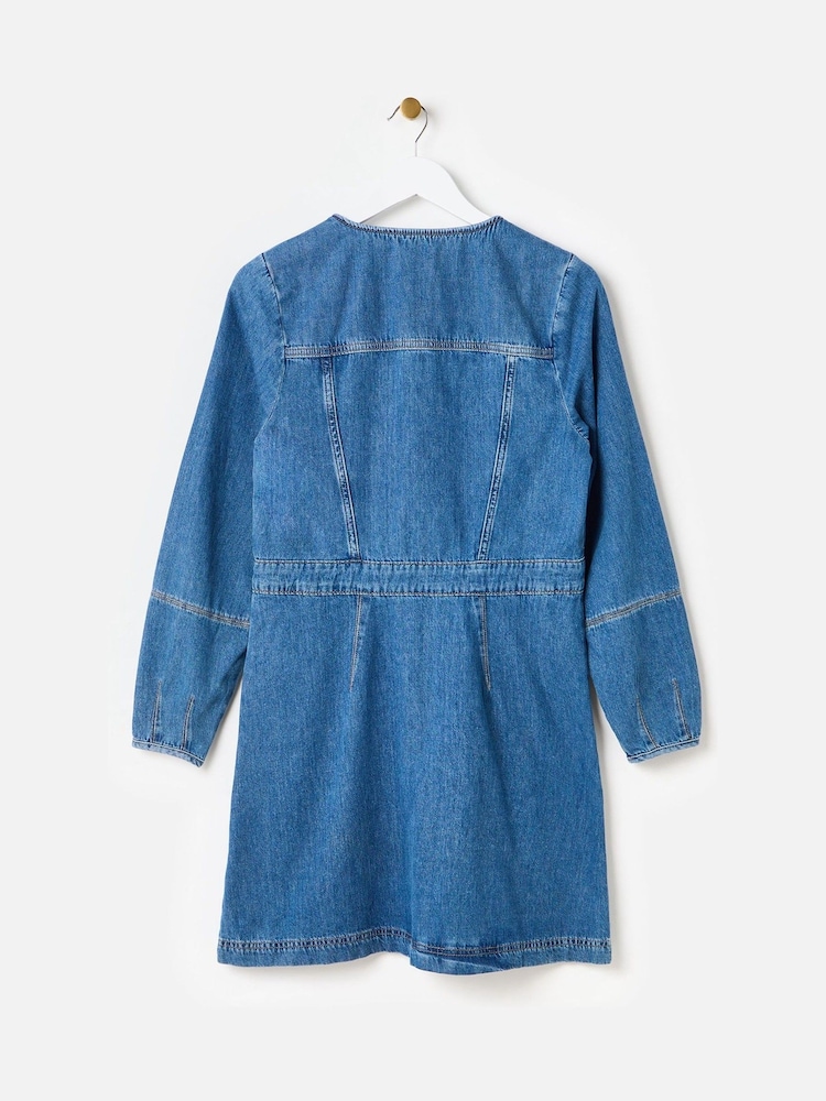 Oliver Bonas Blue Blue Denim Zip Up Mini 100% Cotton Dress - Image 4 of 8