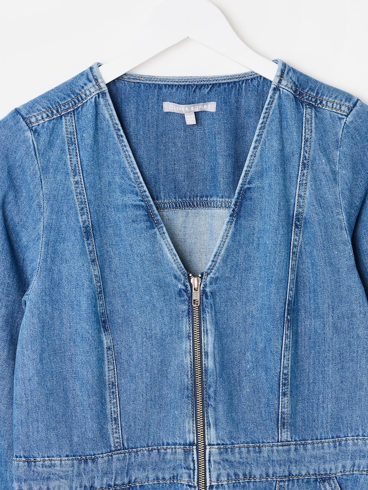 Oliver Bonas Blue Blue Denim Zip Up Mini 100% Cotton Dress - Image 5 of 8