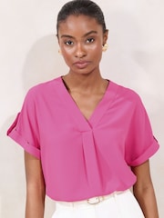 Lipsy Neutral/Blush Utility V-Neck Short Roll Sleeve Top - Image 1 of 4