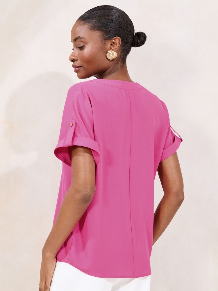 Lipsy Neutral/Blush Utility V-Neck Short Roll Sleeve Top - Image 2 of 4