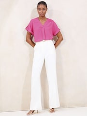 Lipsy Neutral/Blush Utility V-Neck Short Roll Sleeve Top - Image 3 of 4