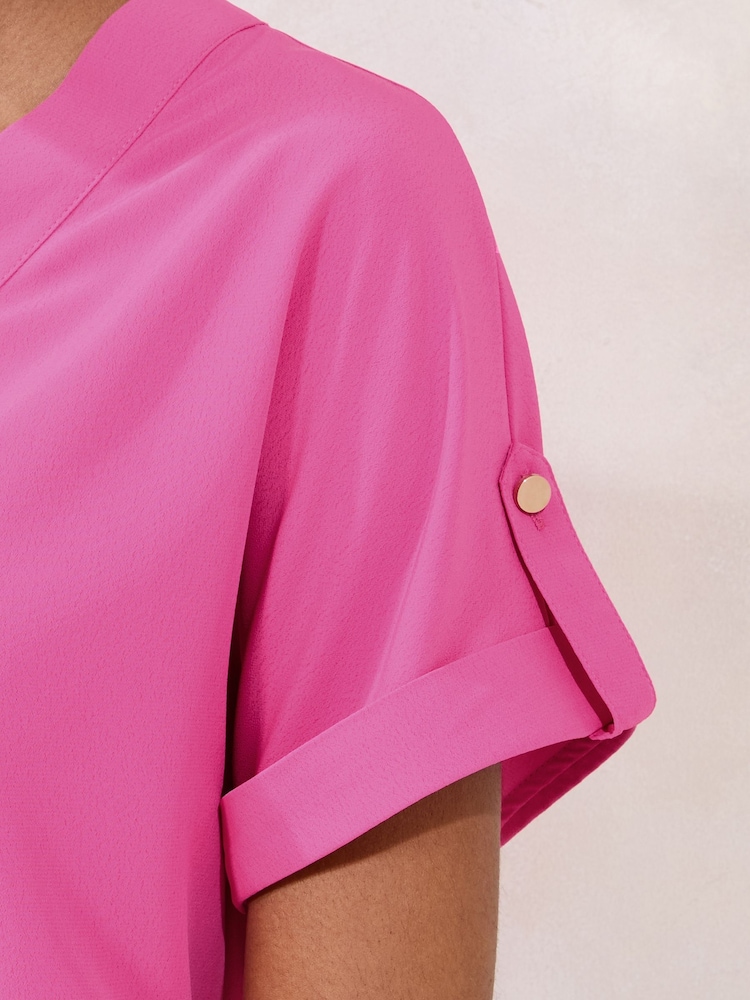 Lipsy Neutral/Blush Utility V-Neck Short Roll Sleeve Top - Image 4 of 4