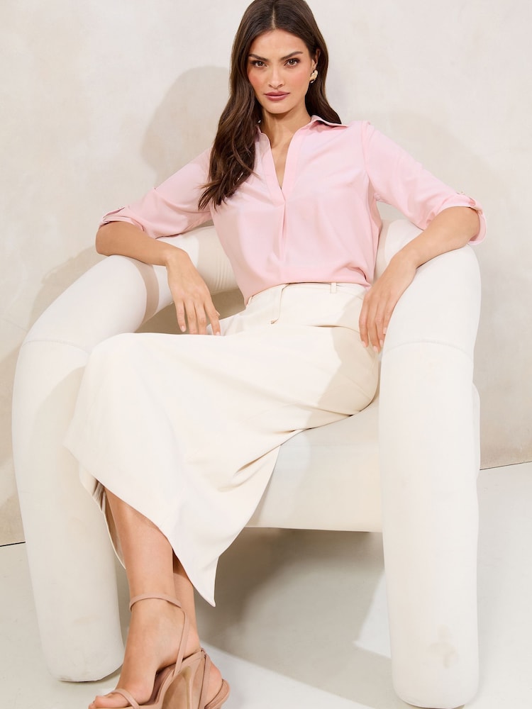 Lipsy Pink V-Neck 3/4 Sleeve Collared Blouse - Image 2 of 4