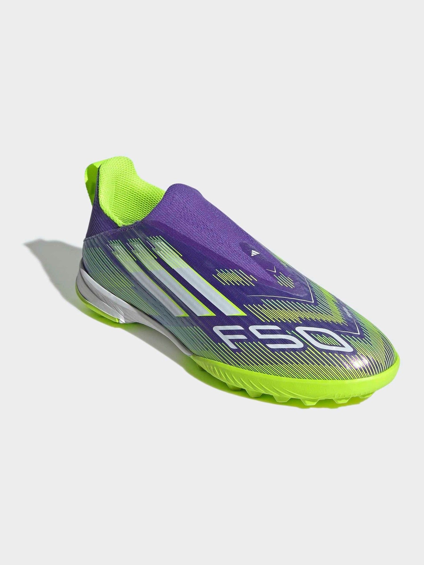 Buy adidas Purple/Lime Kids F50 League Laceless Turf Boots from