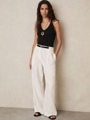 Reiss White Analise Linen Belted Wide-Leg Trousers - Image 1 of 6