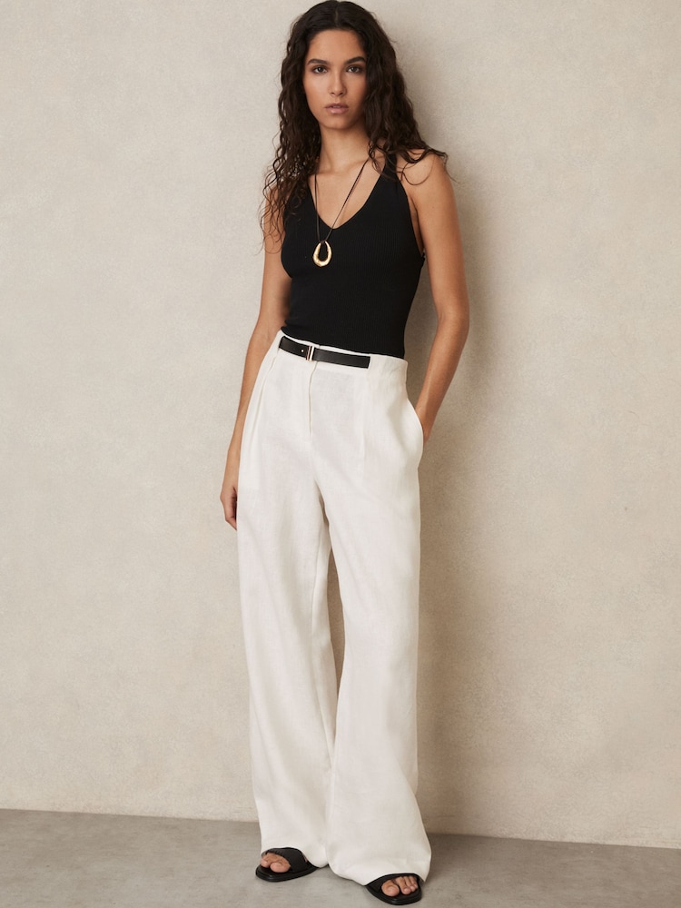 Reiss White Analise Linen Belted Wide-Leg Trousers - Image 1 of 6