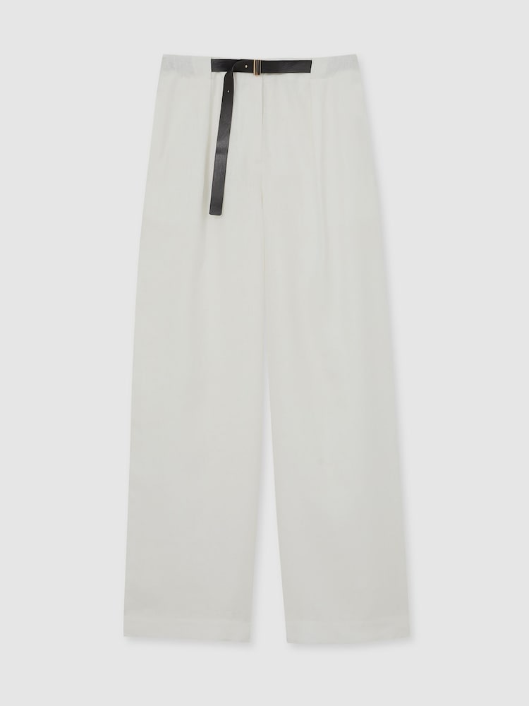 Reiss White Analise Linen Belted Wide-Leg Trousers - Image 2 of 6