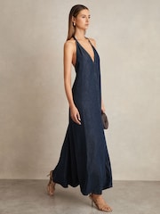 Reiss Rachel Denim Halterneck Maxi Dress - Imagen 1 de 6
