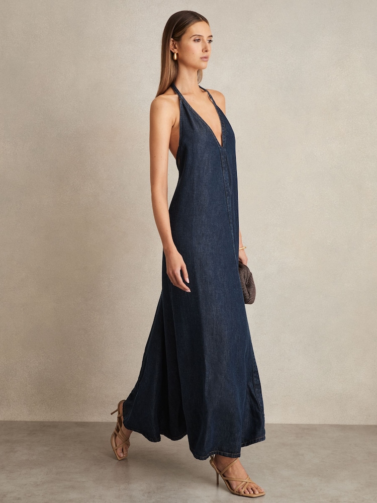 Reiss Rachel Denim Halterneck Maxi Dress - Imagen 1 de 6