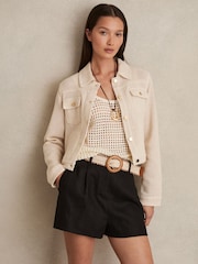 Reiss Black Beau Linen Pleat-Front Belted Shorts - Image 1 of 6