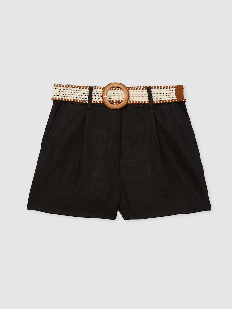 Reiss Black Beau Linen Pleat-Front Belted Shorts - Image 2 of 6