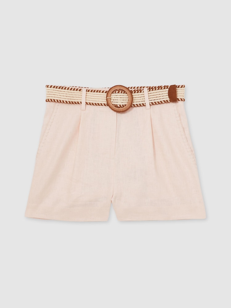 Reiss Pink Beau Linen Pleat-Front Belted Shorts - Image 2 of 5