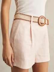 Reiss Pink Beau Linen Pleat-Front Belted Shorts - Image 3 of 5