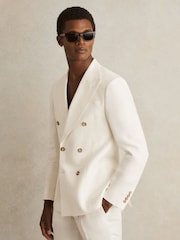 Reiss White Park Linen Double-Breasted Suit Blazer Slim-Fit in Herringbone - Image 1 of 8