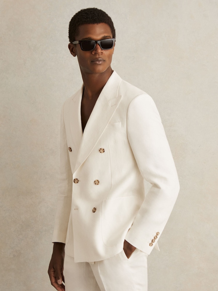 Reiss White Park Linen Double-Breasted Suit Blazer Slim-Fit in Herringbone - Image 1 of 8