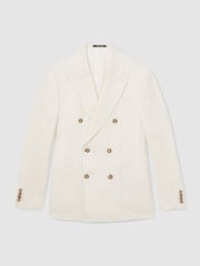 Reiss White Park Linen Double-Breasted Suit Blazer Slim-Fit in Herringbone - Image 2 of 8