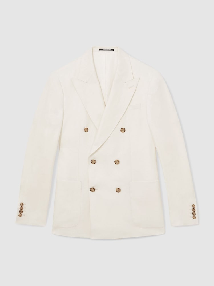 Reiss White Park Linen Double-Breasted Suit Blazer Slim-Fit in Herringbone - Image 2 of 8