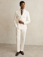 Reiss White Park Linen Double-Breasted Suit Blazer Slim-Fit in Herringbone - Image 3 of 8