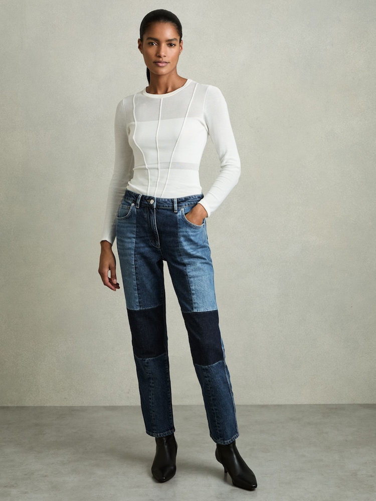 Reiss Mid Blue Birch Petite Straight-Leg Patchwork Jeans - Image 1 of 8