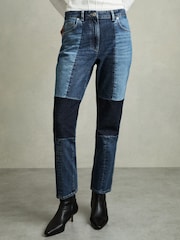 Reiss Mid Blue Birch Petite Straight-Leg Patchwork Jeans - Image 3 of 8