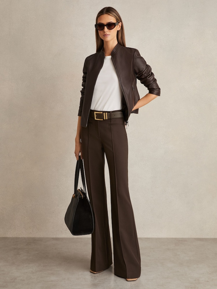 Reiss Chocolate Brown Claude High Rise Flared Trousers - Image 1 of 6