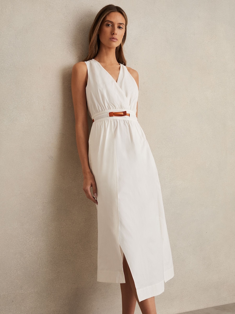 Reiss Ivory Brianne Poplin Belted Split Midi Dress - Image 1 of 5